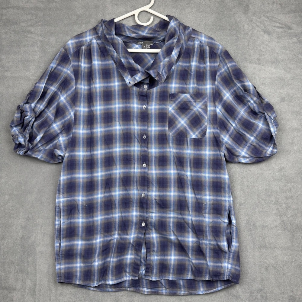 VINCE Plaid Roll Tab Sleeve‎ Button Up Shirt Blue Tan Women's M Boho